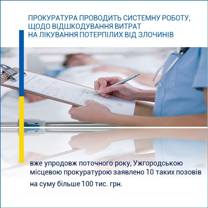 Ужгородська місцева прокуратура проводить системну роботу щодо відшкодування витрат на лікування потерпілих від злочинів