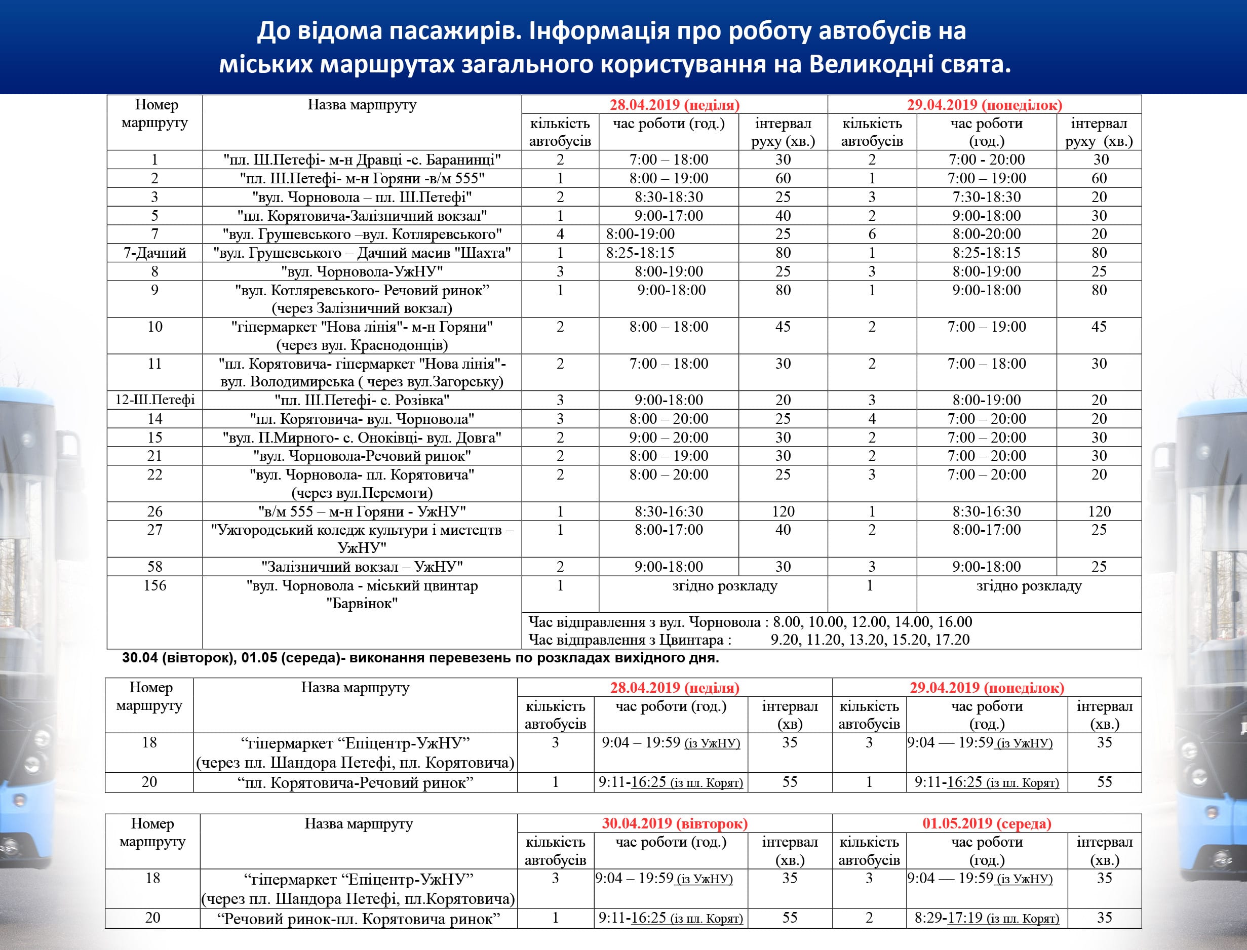 Графік руху міських автобусів в Ужгороді на великодні свята