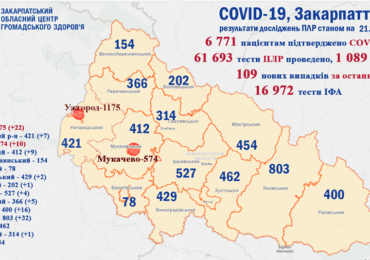 На Закарпатті 109 нових випадків коронавірусу за добу