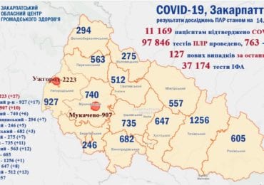 На Закарпатті за минулу добу зафіксовано 127 випадків коронавірусу