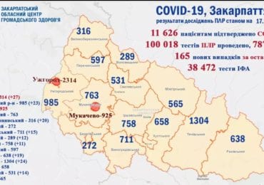 На Закарпатті зафіксовано 165 нових випадків коронавірусу за добу