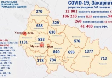 На Закарпатті 260 нових випадків коронавірусу за добу