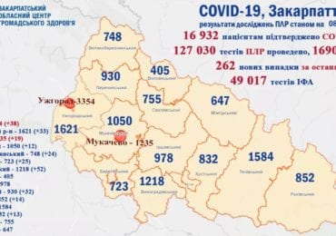 На Закарпатті 262 випадків коронавірусу за добу, шестеро людей померло