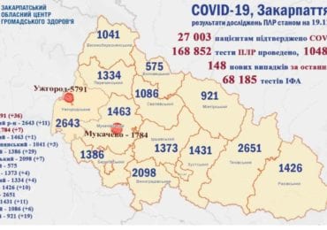 На Закарпатті за минулу добу зафіксовано 148 нових випадків коронавірусу