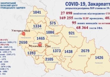 На Закарпатті за минулу добу зафіксовано 95 нових випадків коронавірусу, жоден пацієнт не помер