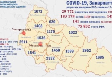 На Закарпатті 141 новий випадок коронавірусу за добу, п'ятеро людей померло