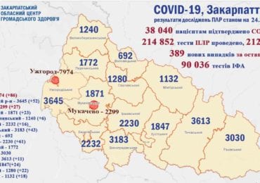 На Закарпатті минулої доби коронавірус діагностували 389 особам