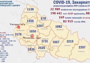 7 людей померли: на Закарпатті 169 нових випадків Covid-19 за добу