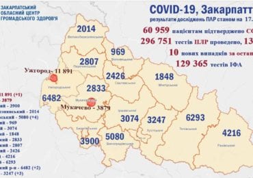 За останню добу на Закарпатті виявлено 10 випадків з COVID-19