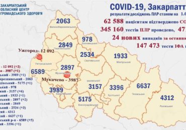 На Закарпатті 24 нові випадки коронавірусу за добу