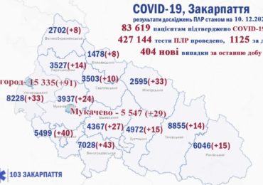 На Закарпатті 404 нові випадки коронавірусу за добу, 10 людей померли