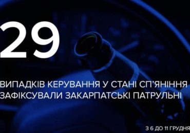 З 6 до 11 грудня закарпатські патрульні склали 29 протоколів за нетверезе керування