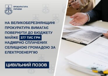 Прокуратура вимагає повернути громаді Великоберезнянщини 377 тисяч гривень переплати за електроенергію